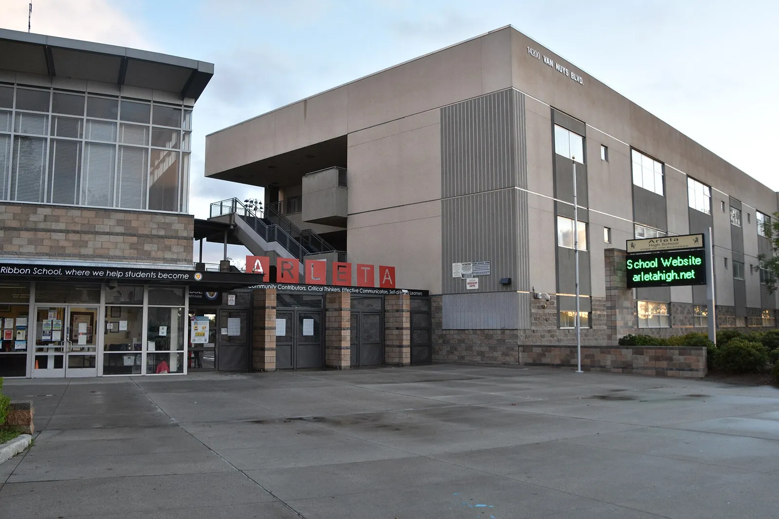Modern multi-story Arleta High School campus buildings on Van Nuys Boulevard