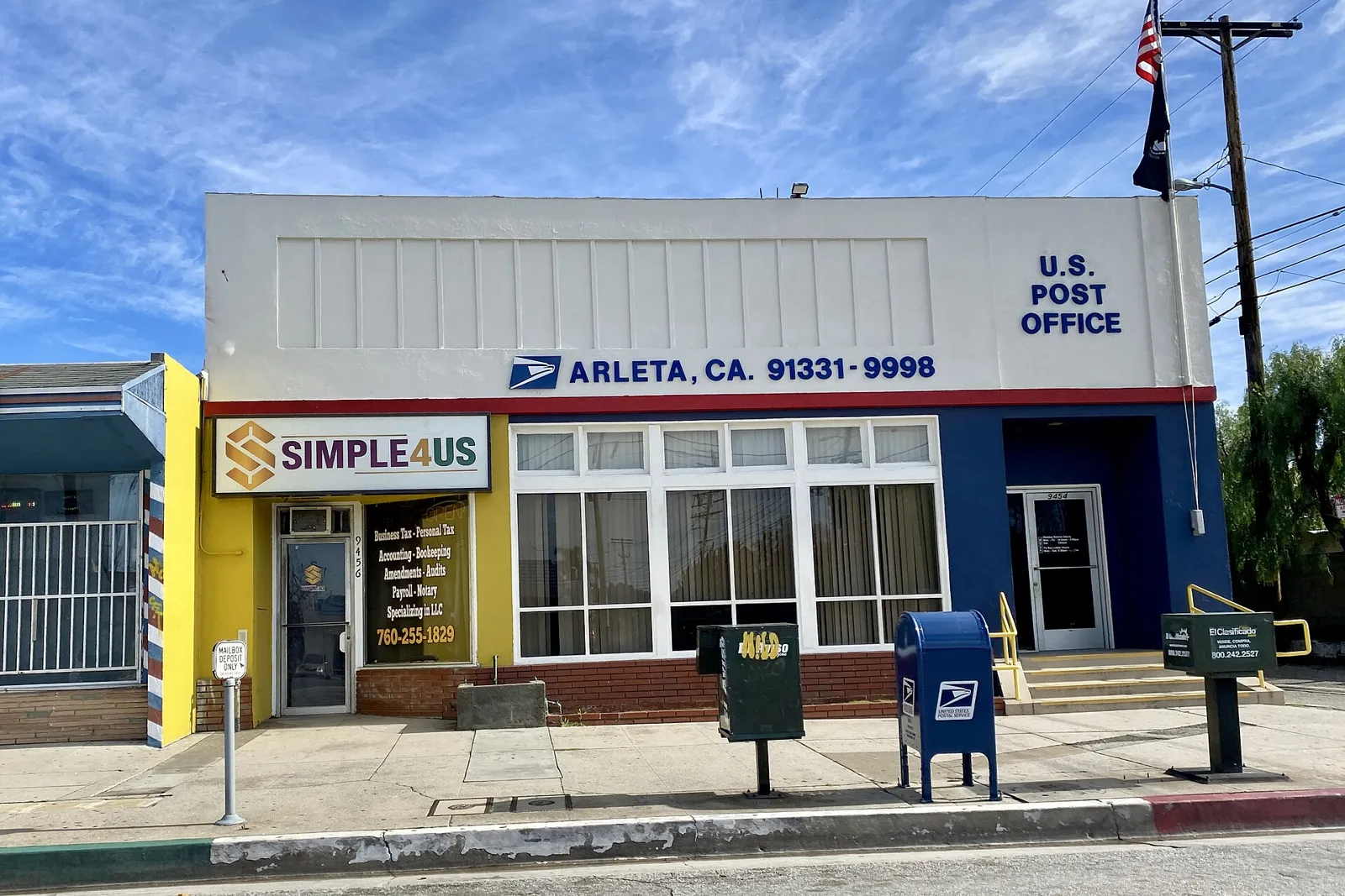 Arleta U.S. Post Office building with its blue Arleta, CA 91331 sign on Arleta Avenue