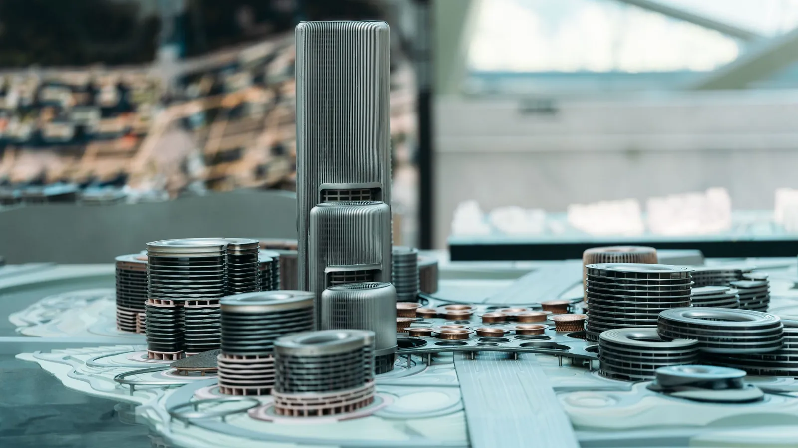 Stacks of coins on a reflective table