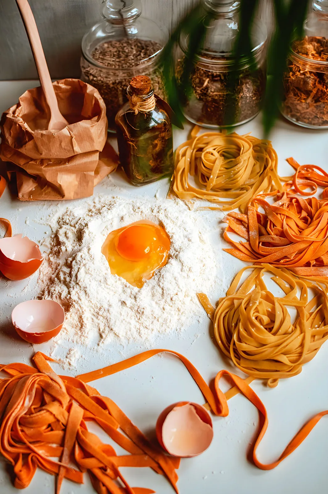 Fresh pasta nests with eggs and flour on a table