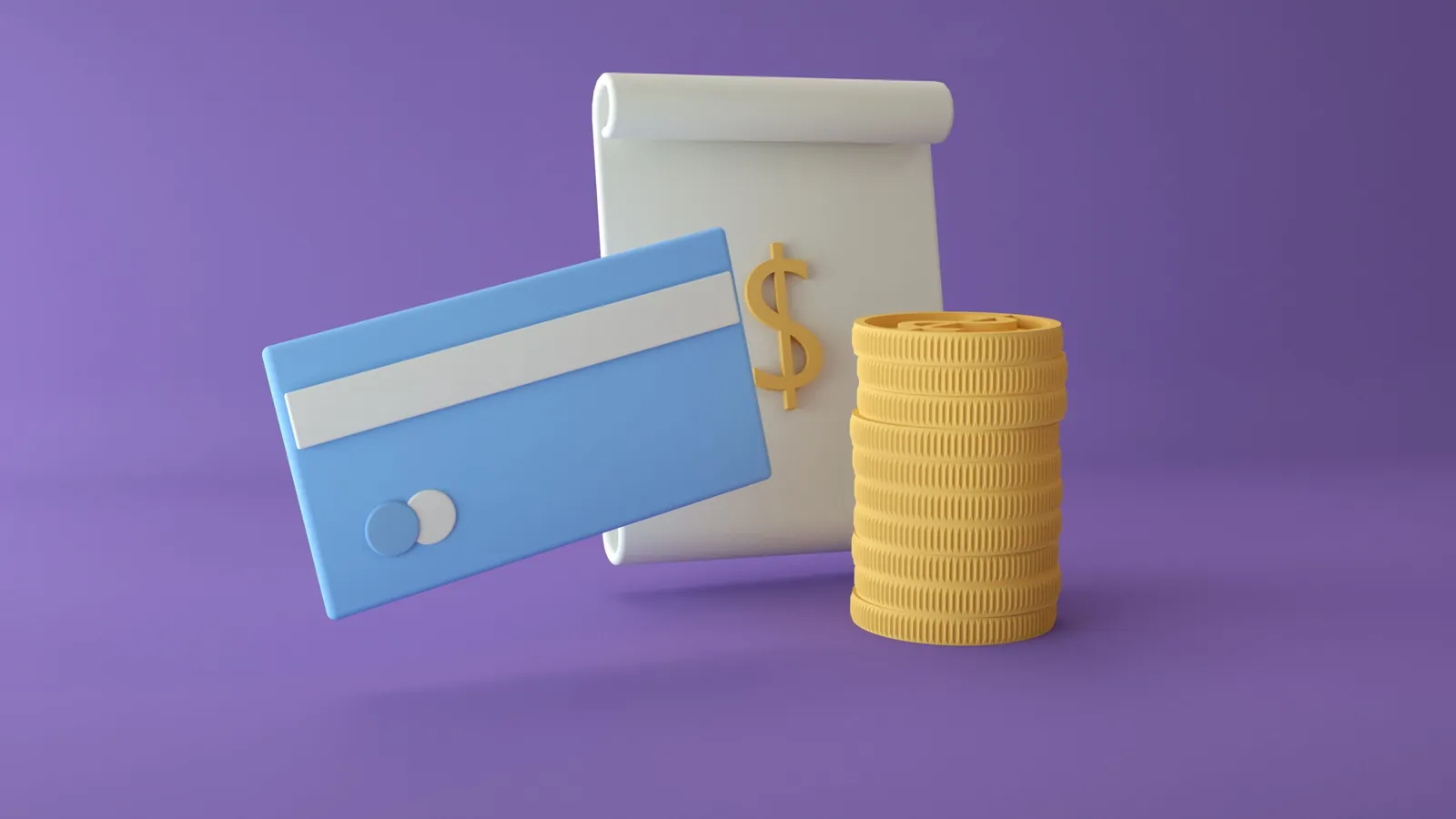 Credit card, receipt and stack of coins on a purple background