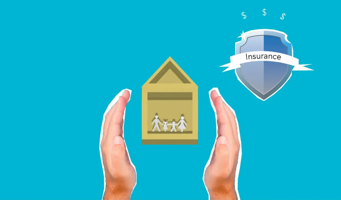 Hands protecting a model house next to an insurance shield icon