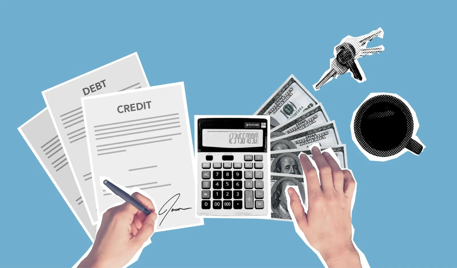 Collage of a credit report, calculator, cash and keys