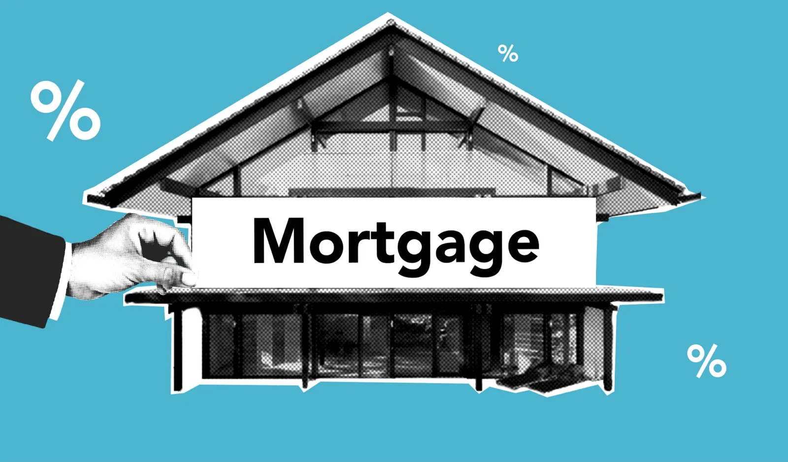 Collage of a hand holding a house labeled 'Mortgage'