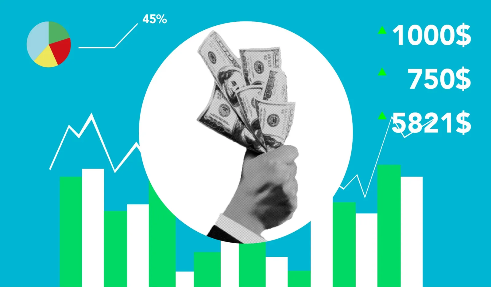 Illustration of a hand holding cash over bar and pie charts