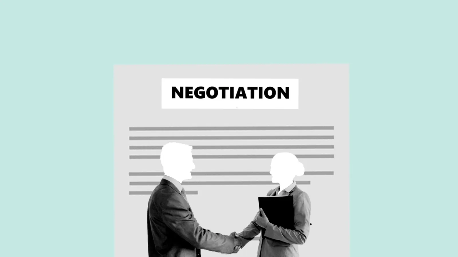 Collage of two businessmen shaking hands under the word 'Negotiation'