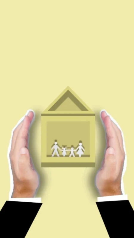 Illustration of hands sheltering a family inside a house
