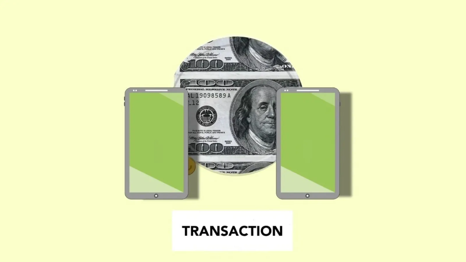 Illustration of cash passing between two phones, labeled 'Transaction'