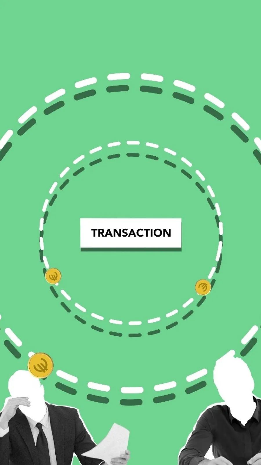 Illustration of two people exchanging money around a 'Transaction' label