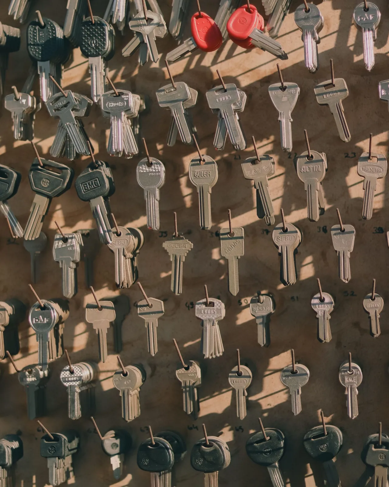 Rows of uncut keys hanging on a wall