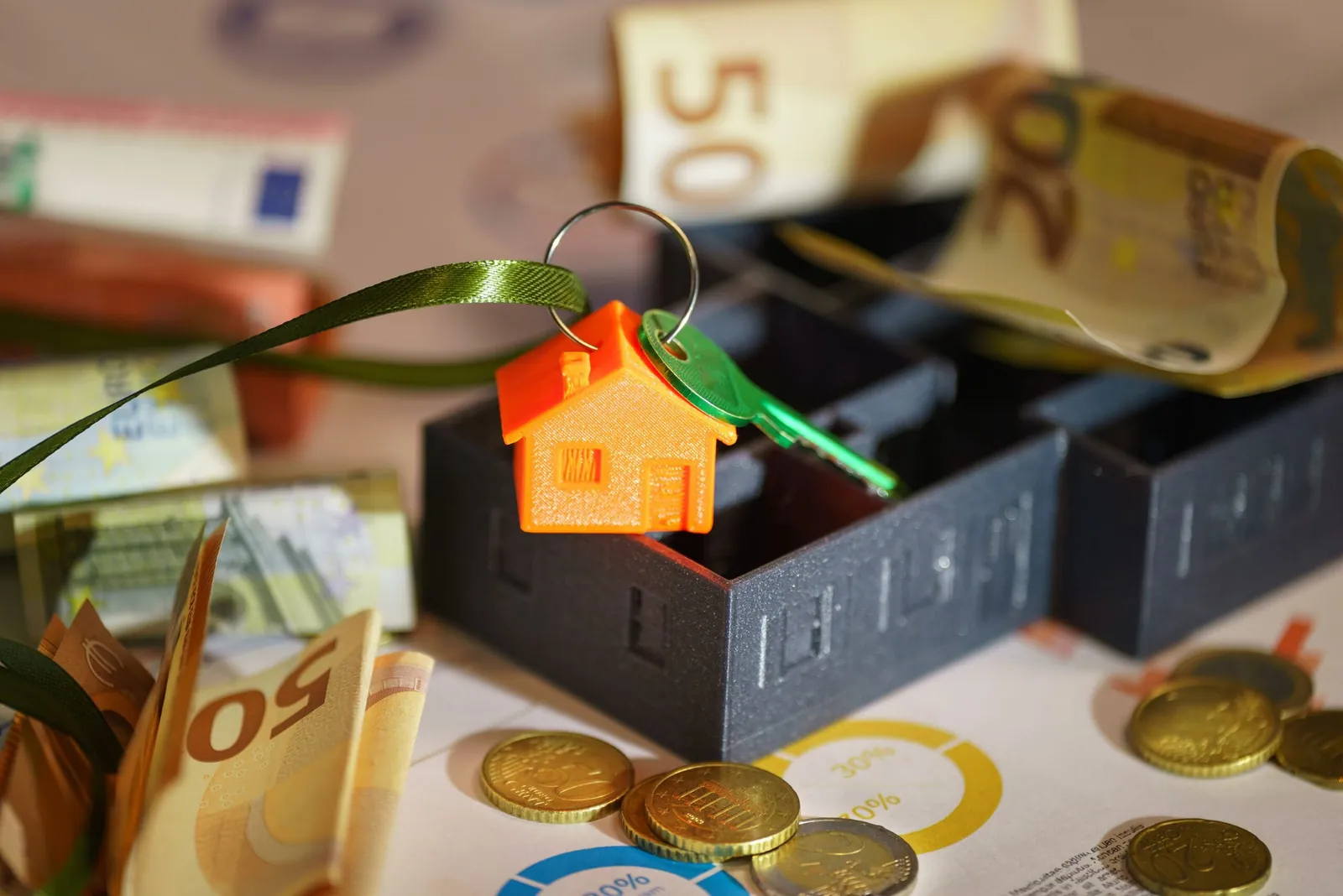 Model house with keys surrounded by euro notes and coins