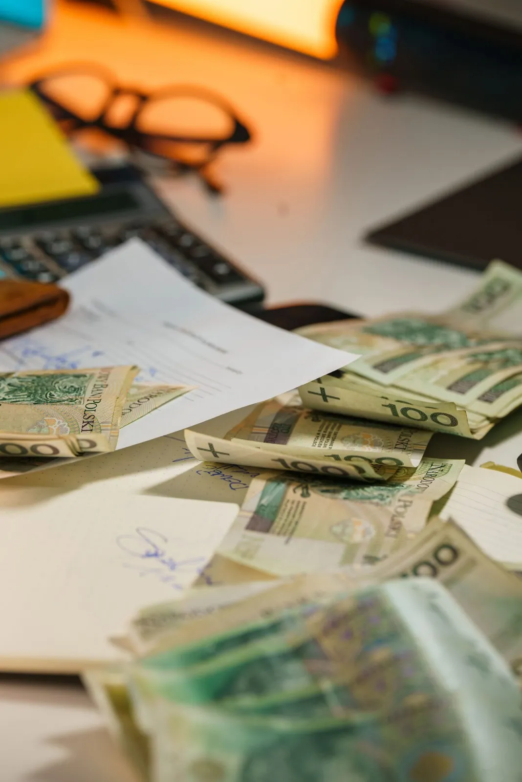 Piles of cash on a desk beside a calculator