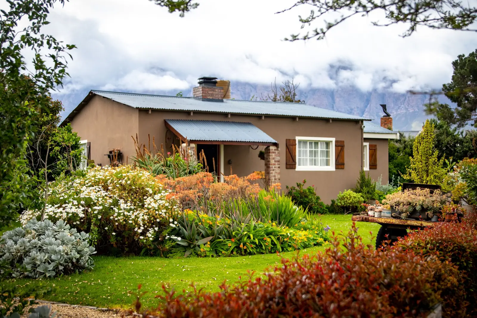 Single-story home with a colorful front garden