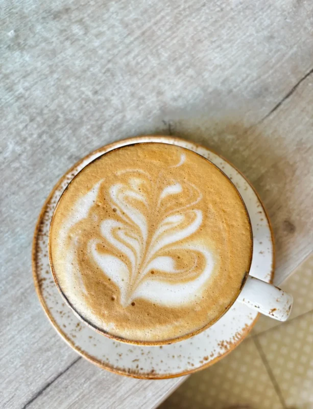 Cappuccino with leaf-shaped latte art in a speckled cup on a wooden table