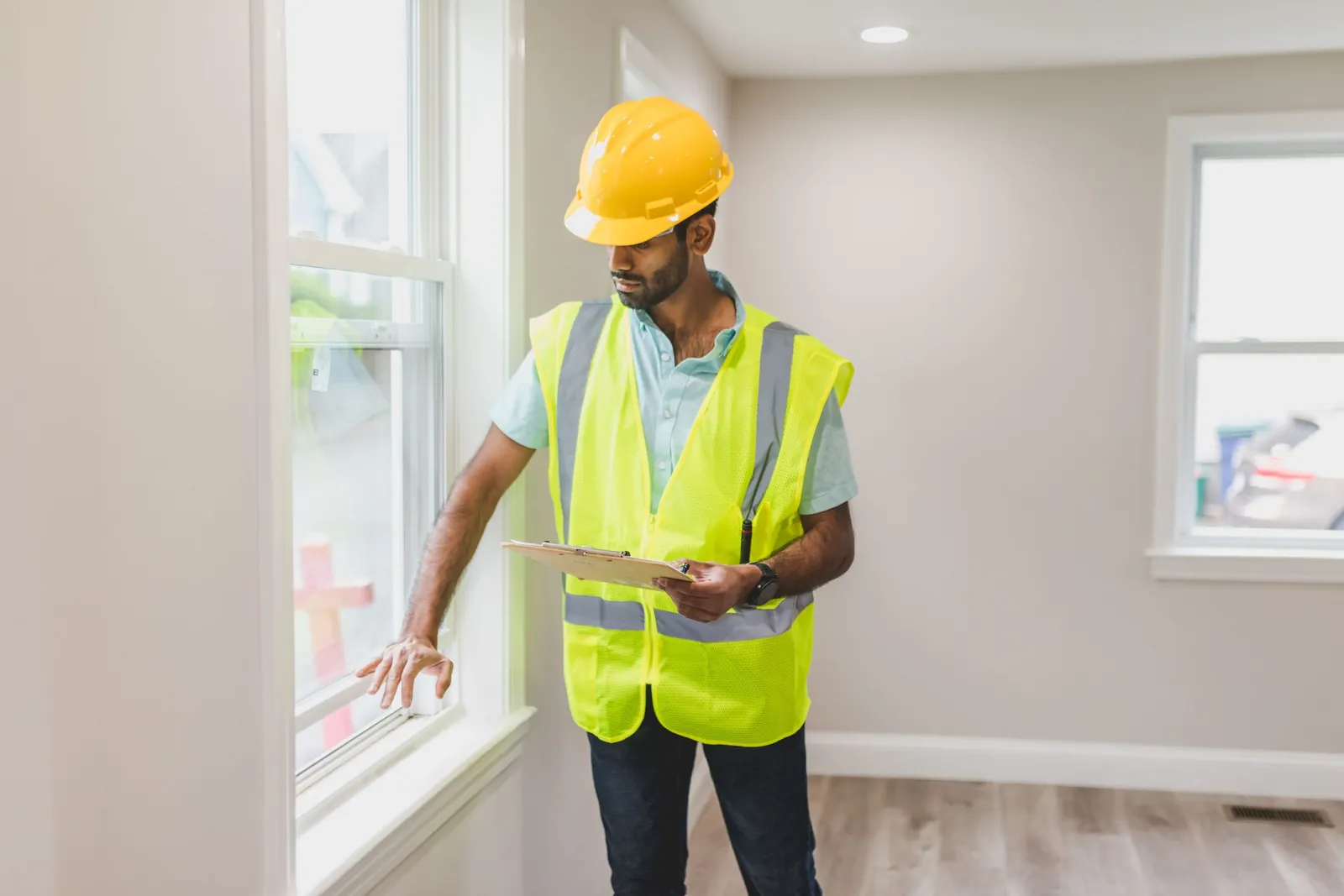 Home inspector in a safety vest examining a window