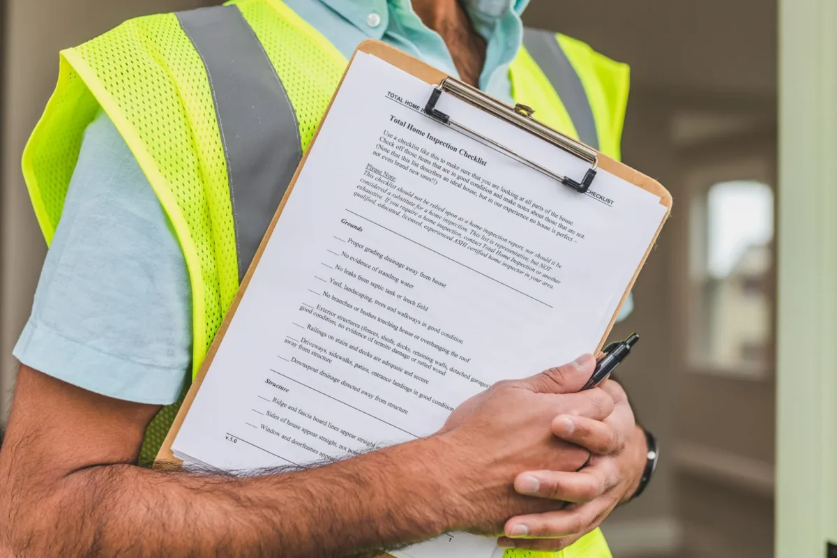 Home inspector in a safety vest holding a clipboard with a checklist