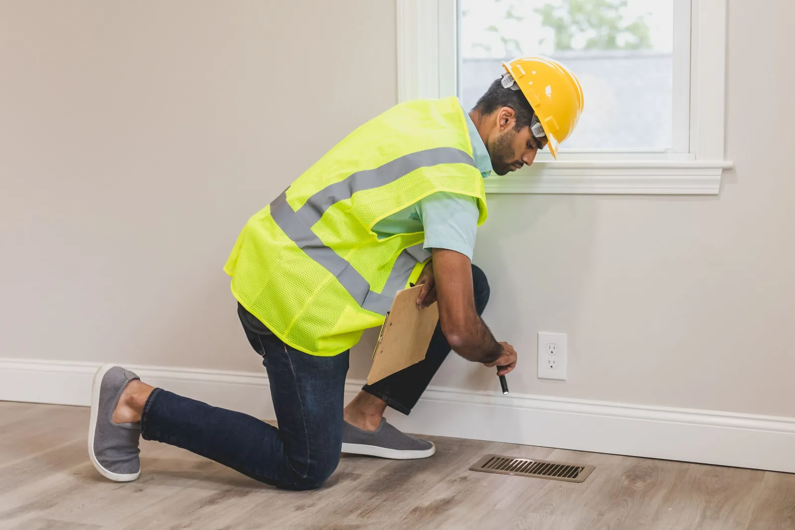 Home inspector in a hard hat checking a wall outlet