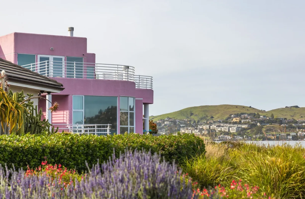 Pink modern home with lavender in the front garden