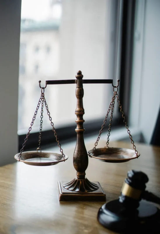 Brass scales of justice and a gavel on a desk