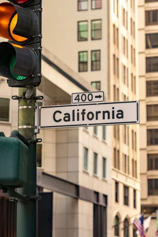 California street sign beside a traffic light on a downtown street