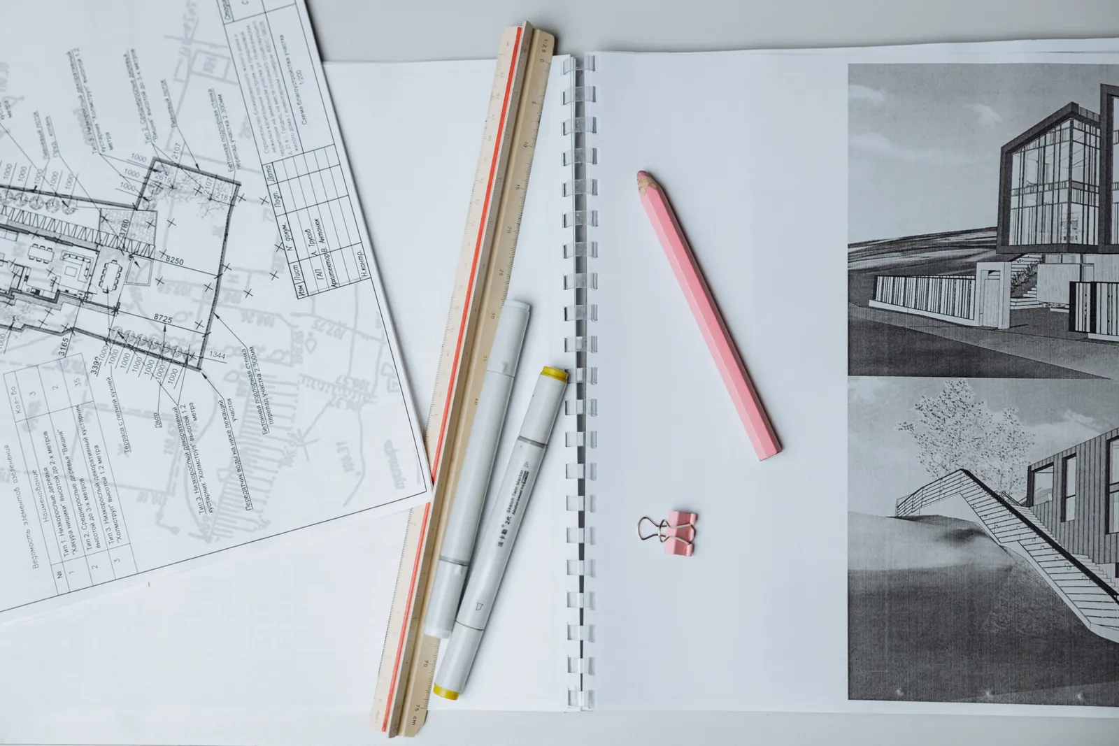 Architectural sketches with pencils and a ruler