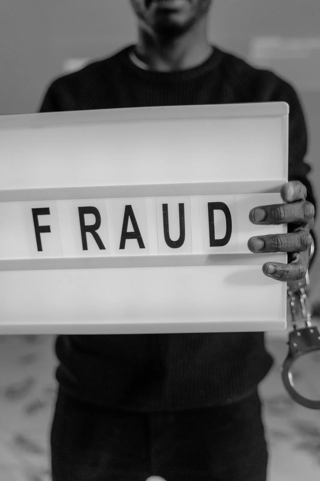 Person in handcuffs holding a 'Fraud' sign