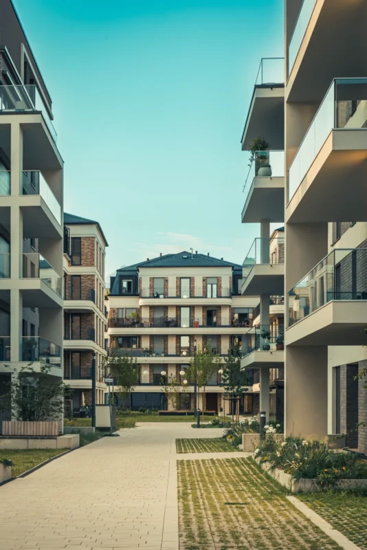 Walkway between modern apartment buildings
