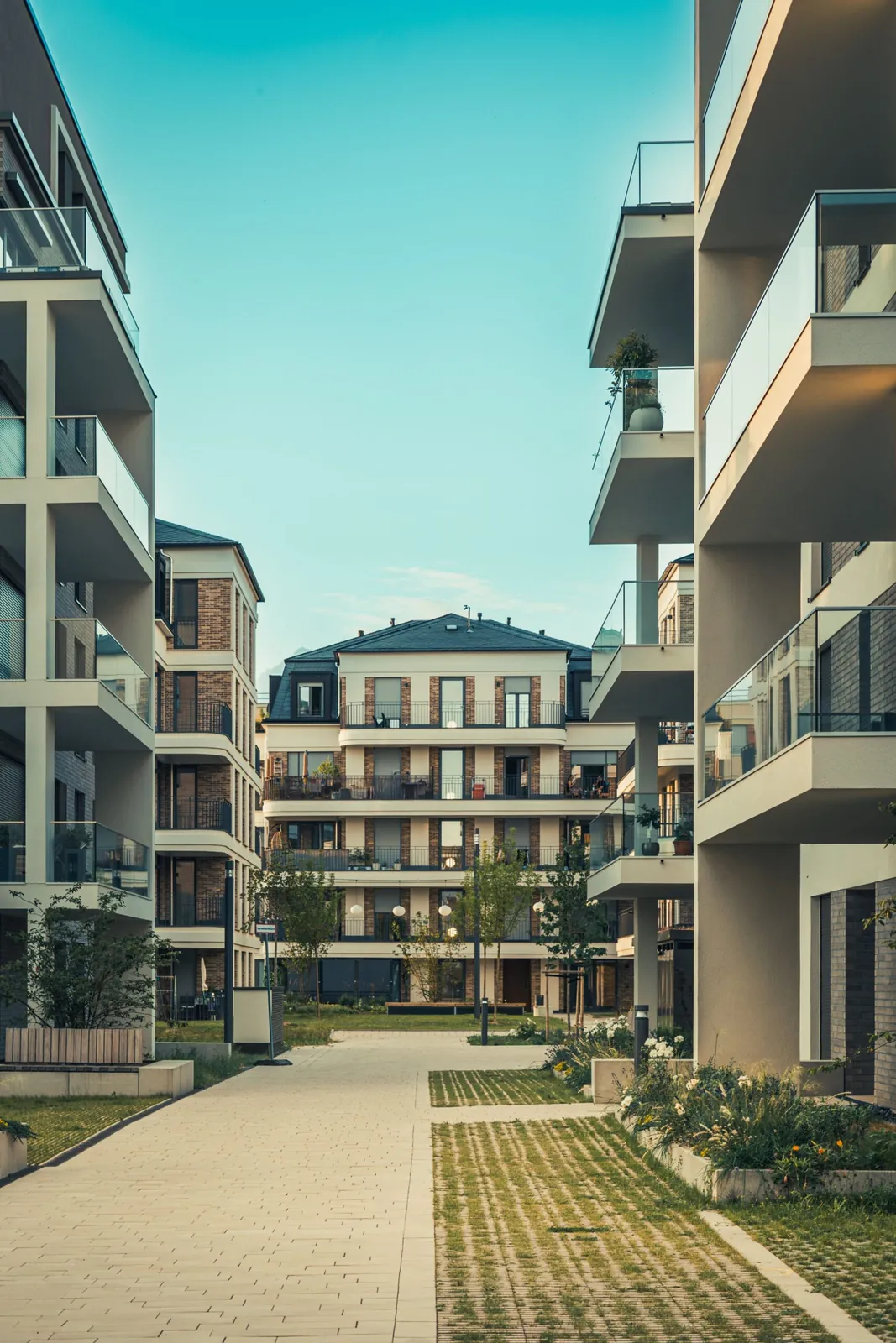 Walkway between modern apartment buildings
