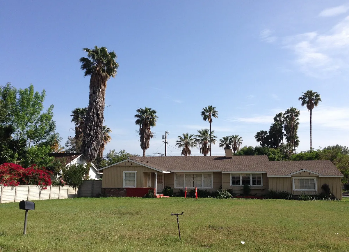 Single-story ranch house set far back behind a wide green lawn, with tall palm trees behind it, seen from Nordhoff Street in Northridge