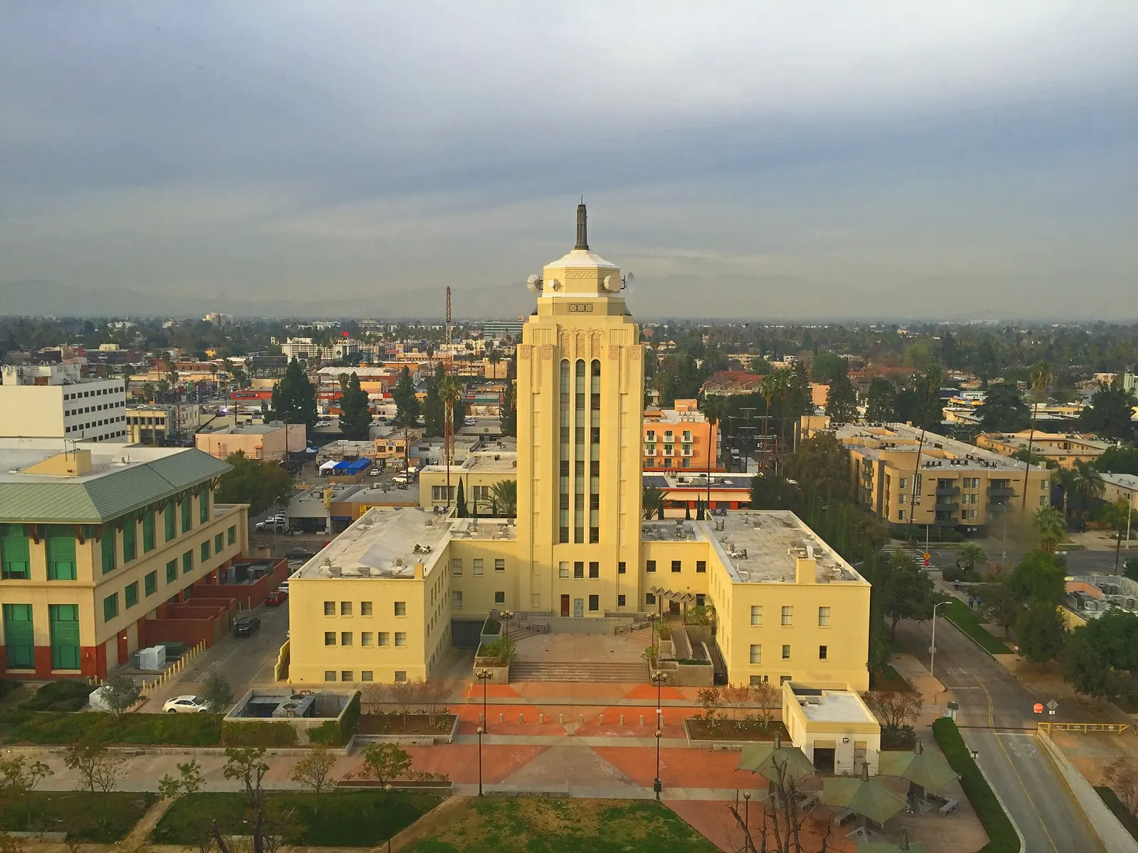 Aerial view of the 1932 Art Deco Van Nuys City Hall tower and the surrounding civic center